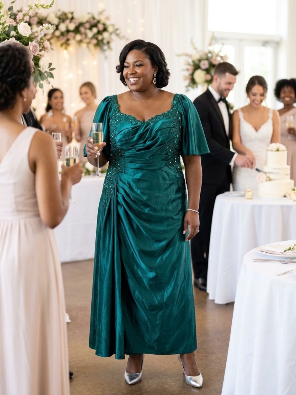Ruched Teal Green Midi Dress with Lace Appliqué